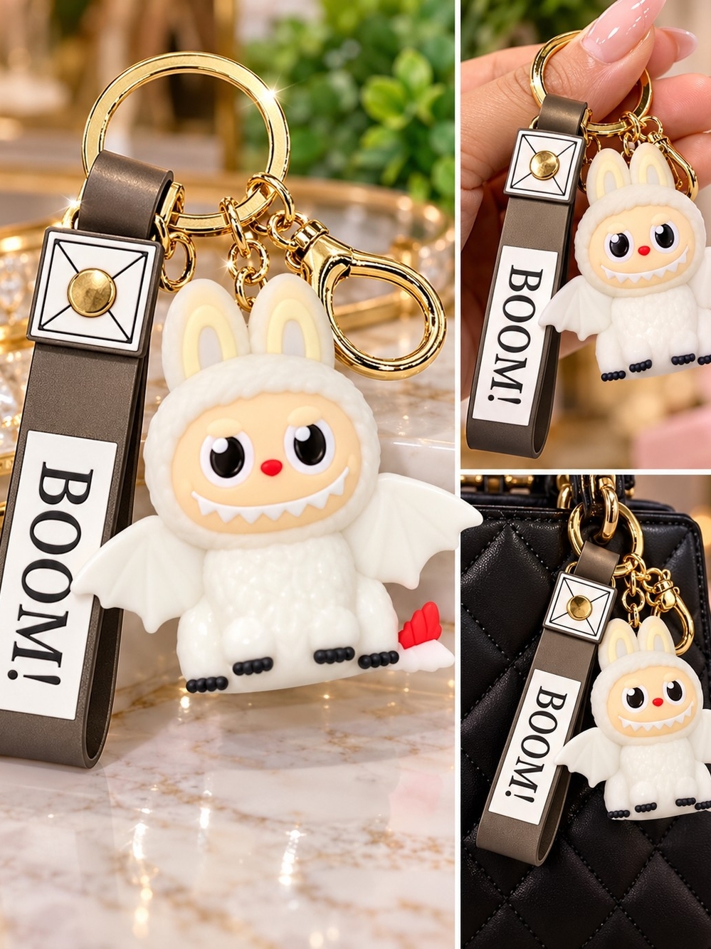 White Cute Bat Bunny Keychain Bag Charm